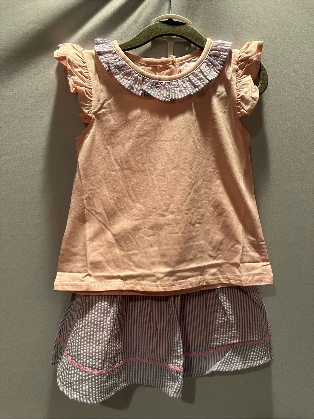 Pink Ruffle Sleeve Top with Striped Skirt Set - with Matching Bow